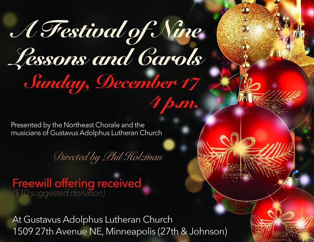 Poster for the Northeast Chorale's December 2023 Concert. Sunday December 17 at 4pm. Gustavus Adolphus Lutheran Church. Free admission. $10 suggested donation. 